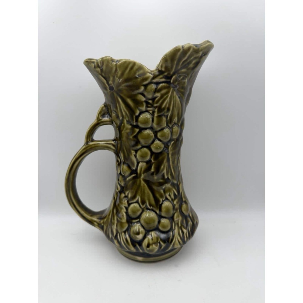 Vintage McCoy 616 Grape Pitcher Vase Green Pottery USA Raised Grapes Leaves